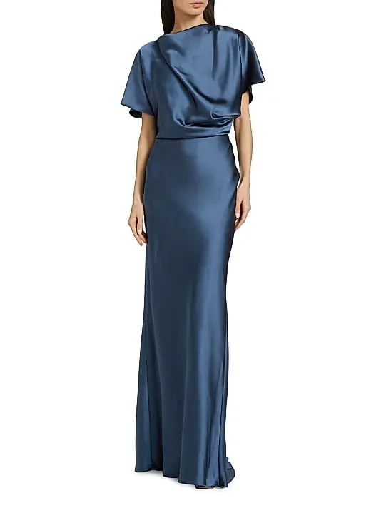 Amsale Navy French Blue Draped Satin Gown Size 2 $695