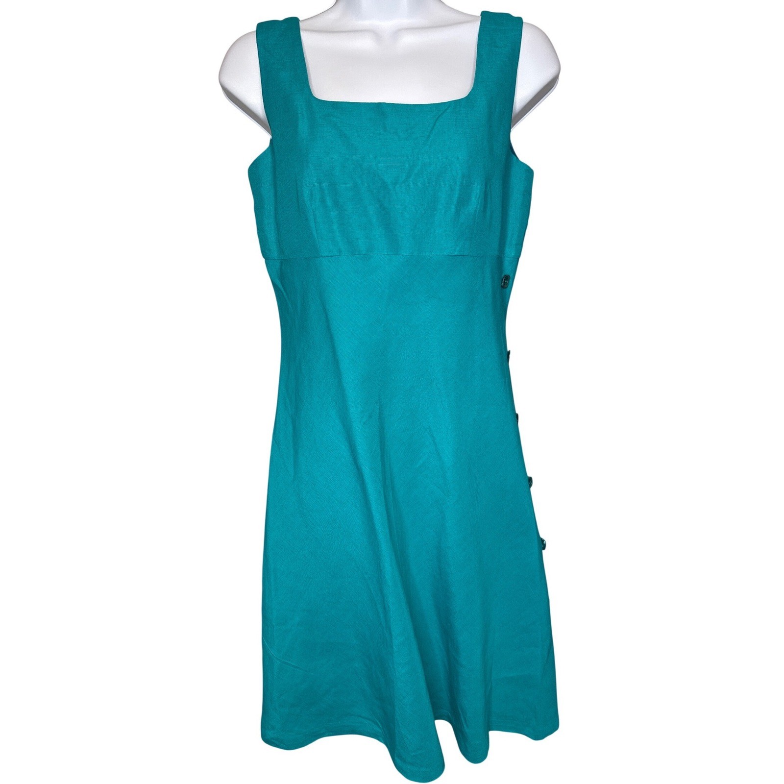 Donna Ricco Womens Teal Linen Sheath Cocktail Dress Sz 2 Side Buttons Quiet Luxe