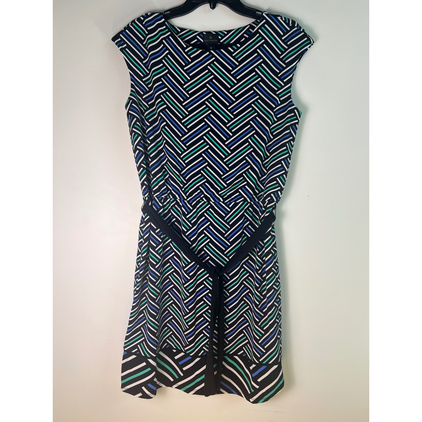 Worthington Womens Cap Sleeve Geometric Chevron Tie Waist Sheath Dress Black M