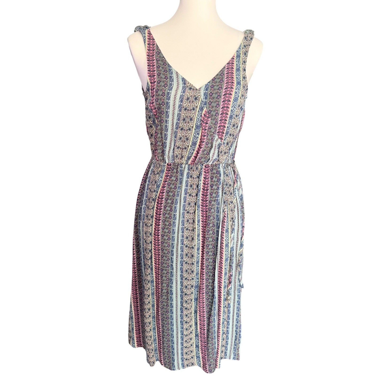 Apricot Pink Blue Paisley Floral Stripe V-Neck Midi Dress UK 10 EUR S NEW