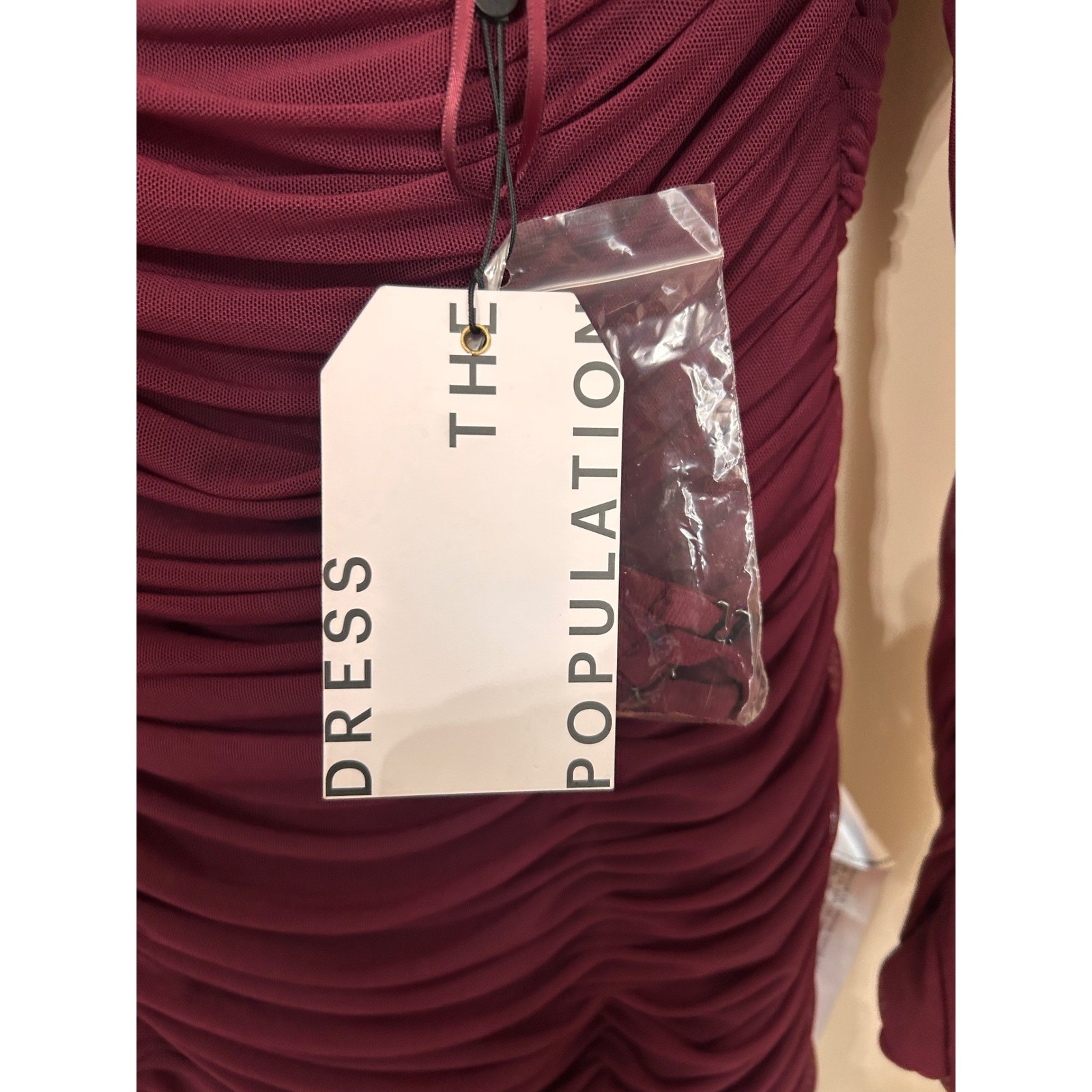 Dress the Population Dawn Burgundy Ruched Mesh Mini Dress Long Sleeve Size L
