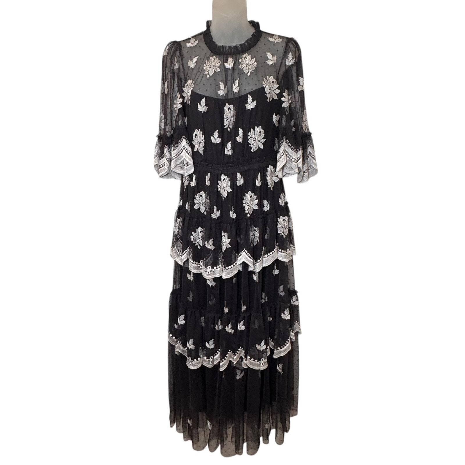 Needle & Thread Amber Petal Embroidered Tiered Lace Dress/Gown Black US 6