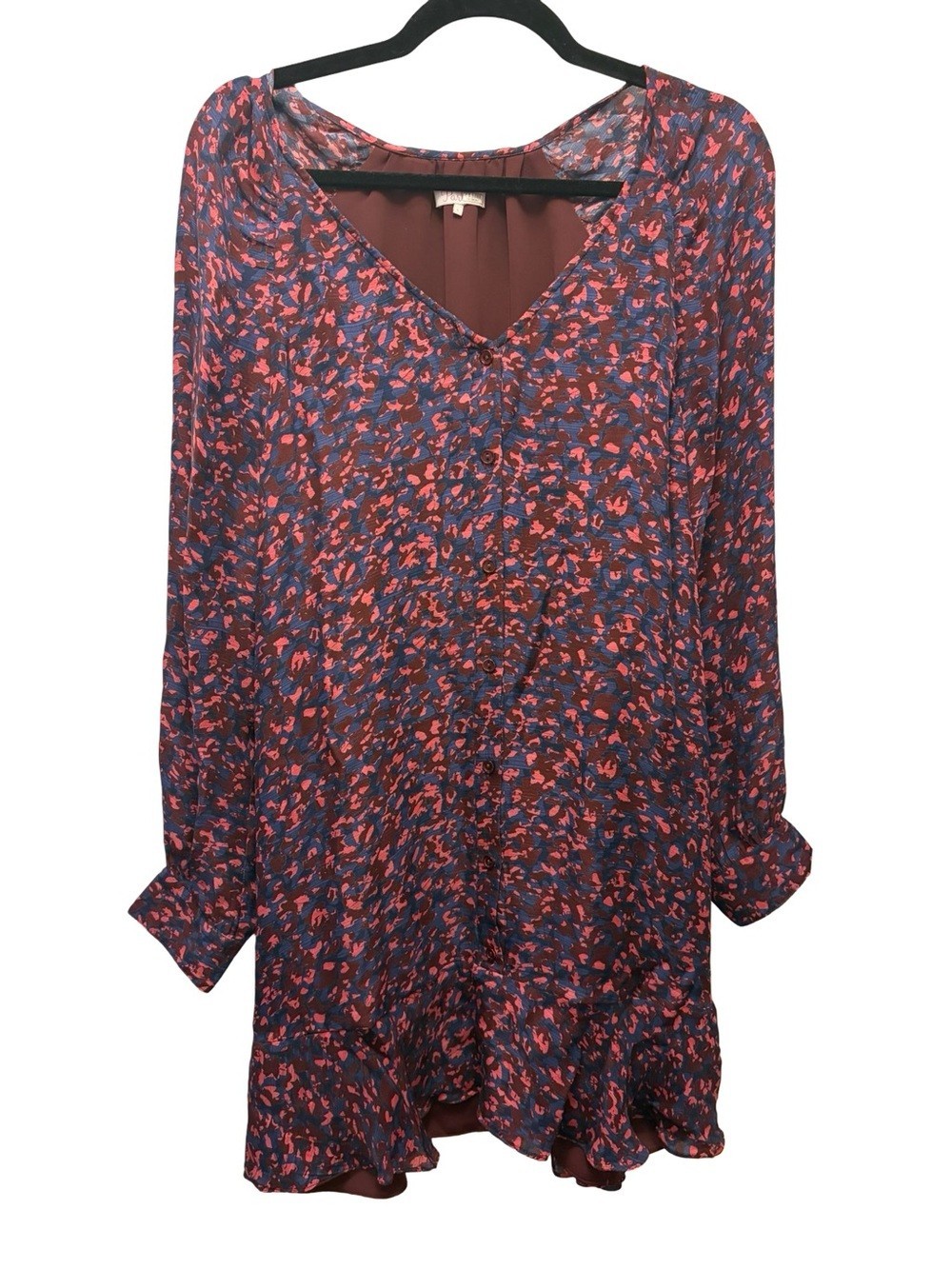 Parker Floral Silk Mini Dress Long Sleeve V-Neck High-Low Ruffle Hem Women’s L