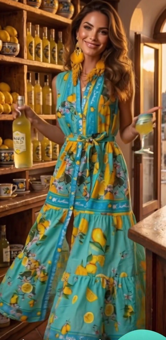 Antica Sartoria 2026 Gorgeous Aqua Lemon Long Belted Dress L/XL Nwt