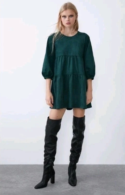 Zara Womens Teal Faux Suede Pockets Round Neck 3/4 Sleeve Tiered Dress Size XS