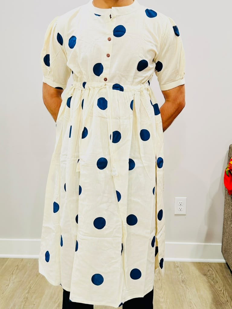 Zara XL White/Blue Polka Dot Button Front Short Sleeve Midi Shirt Dress