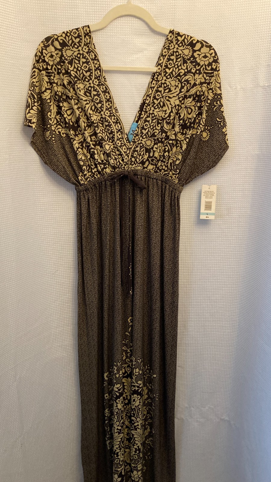 South Main Women Size Large Brown Boho Damask Empire Waist V-Neck Maxi Dress NWT
