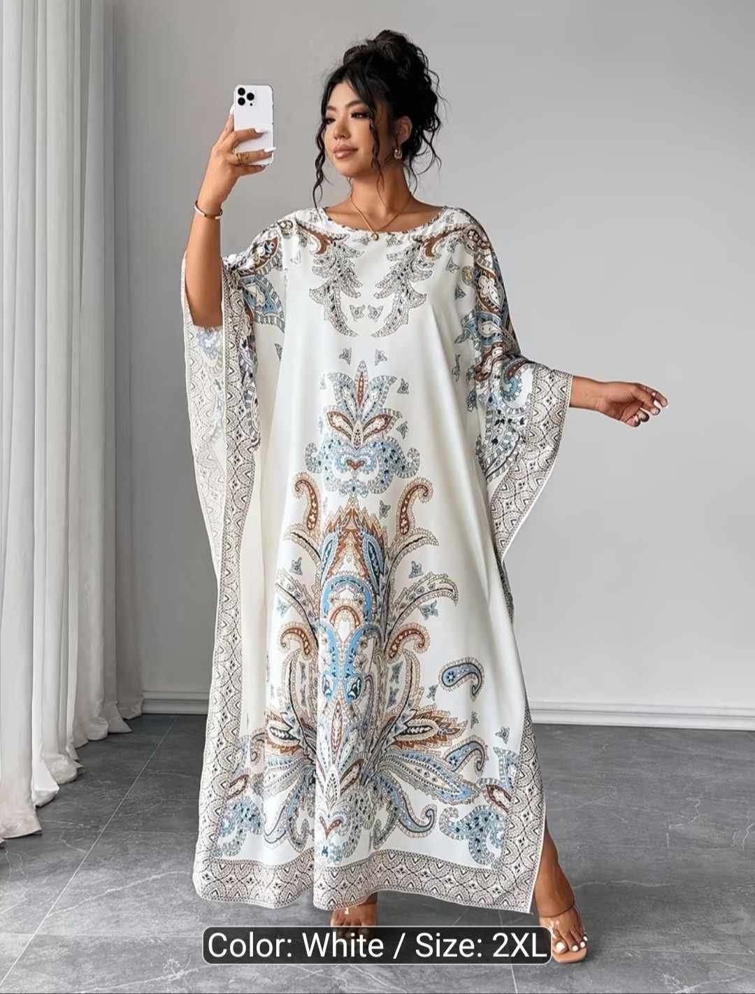 White Blue Brown Paisley Kaftan Maxi Dress Round Neck Pullover Women’s Plus 2XL