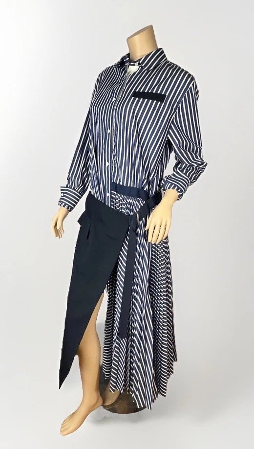 Sacai 21-05660 Pleated Hybrid Shirt Dress Size 3 Japan Chitose Abe Stripe
