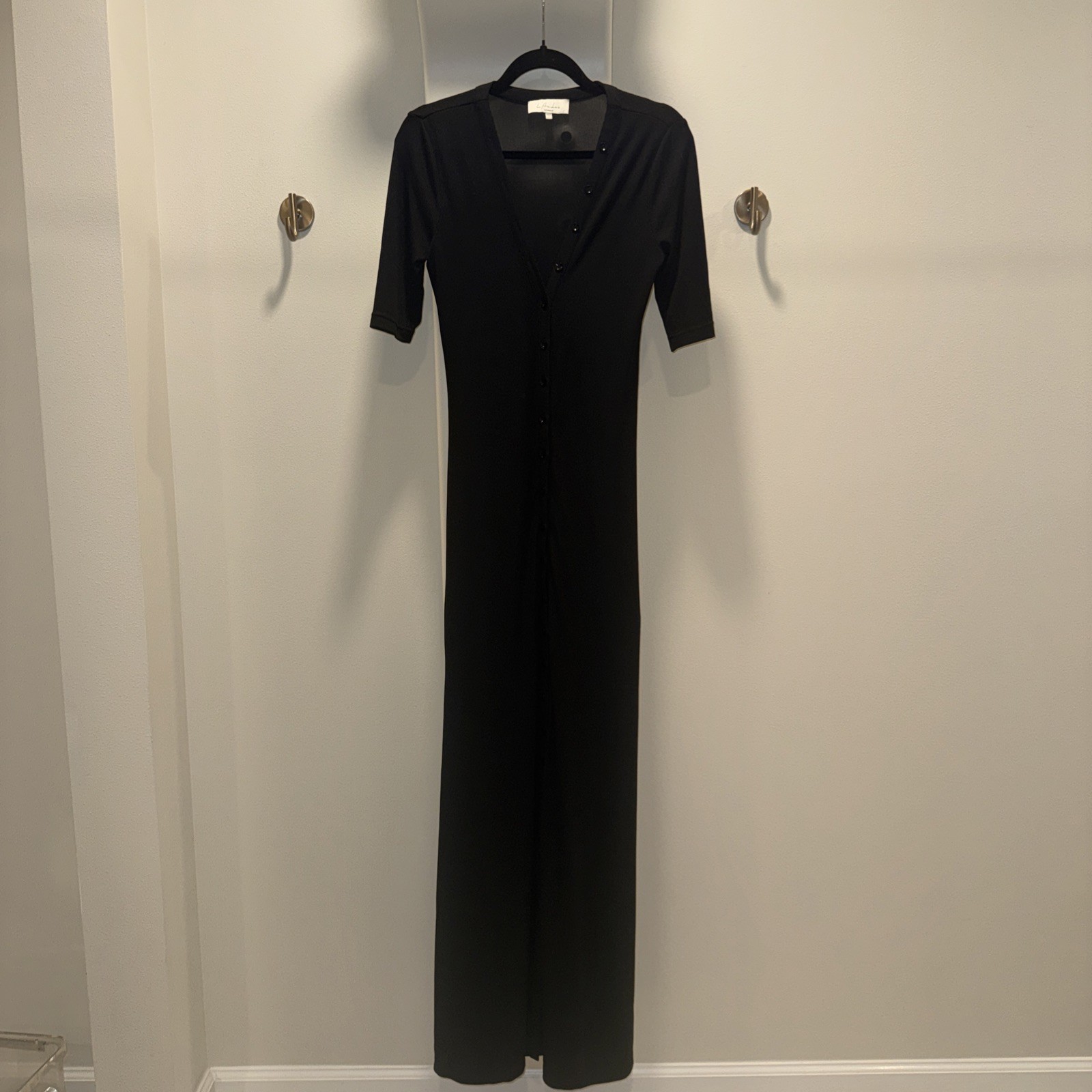 L’ACADEMIE The Esperanza Maxi Dress Black Ribbed Half Sleeve Button Women’s S