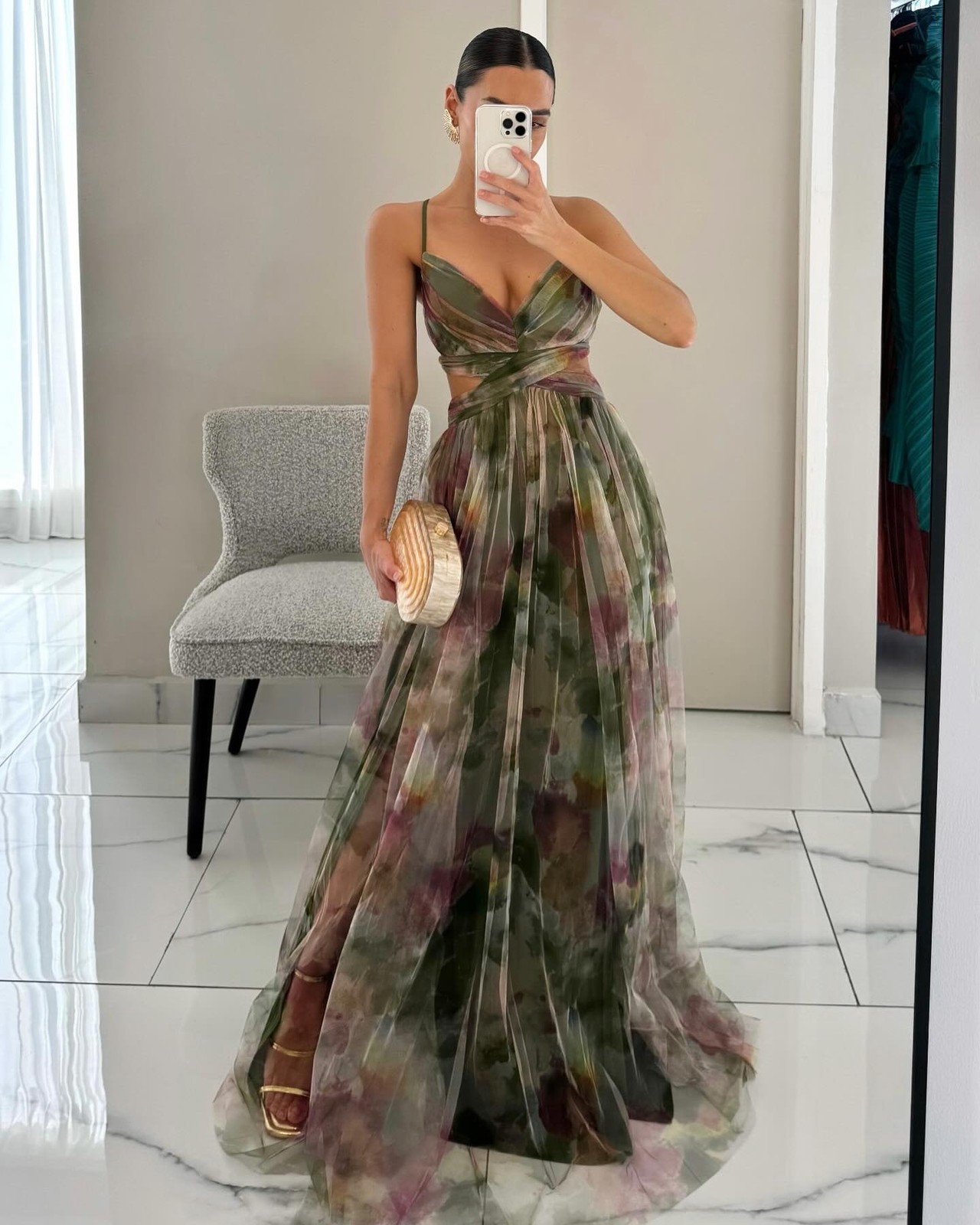 Watercolor Chiffon Maxi Dress Flowy Boho Evening Dress Prom Wedding Guest Dress/