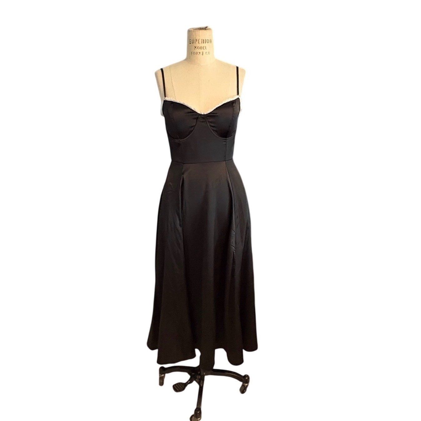 Black Satin Corset Midi Dress Lace Trim Sweetheart Whimsigoth Dark Romance XS