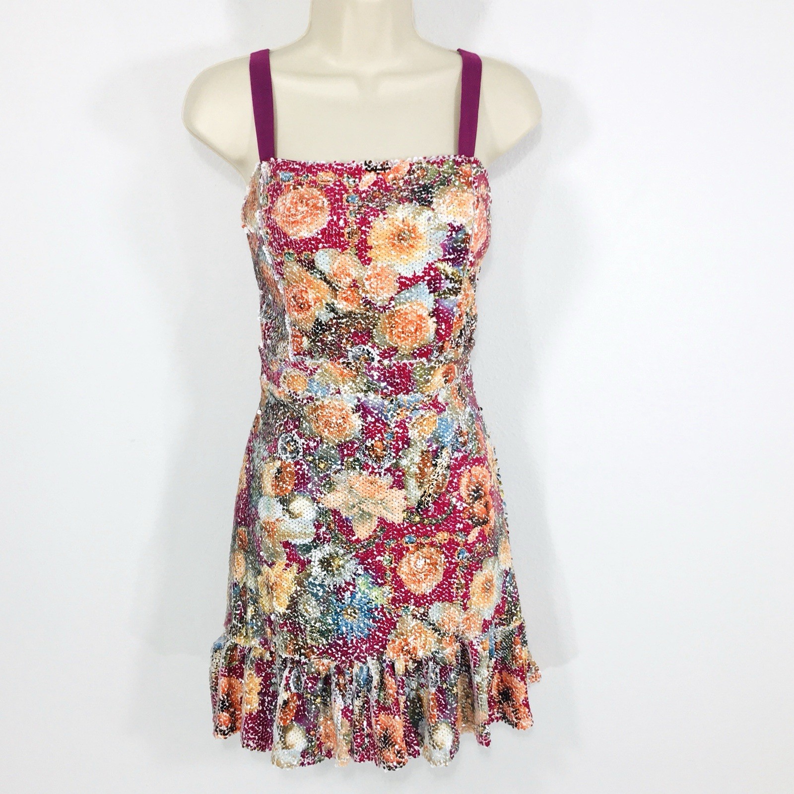 Aqua Pink Floral Sequin Mini Dress Sz S Ruffle Hem Fairycore Whimsy