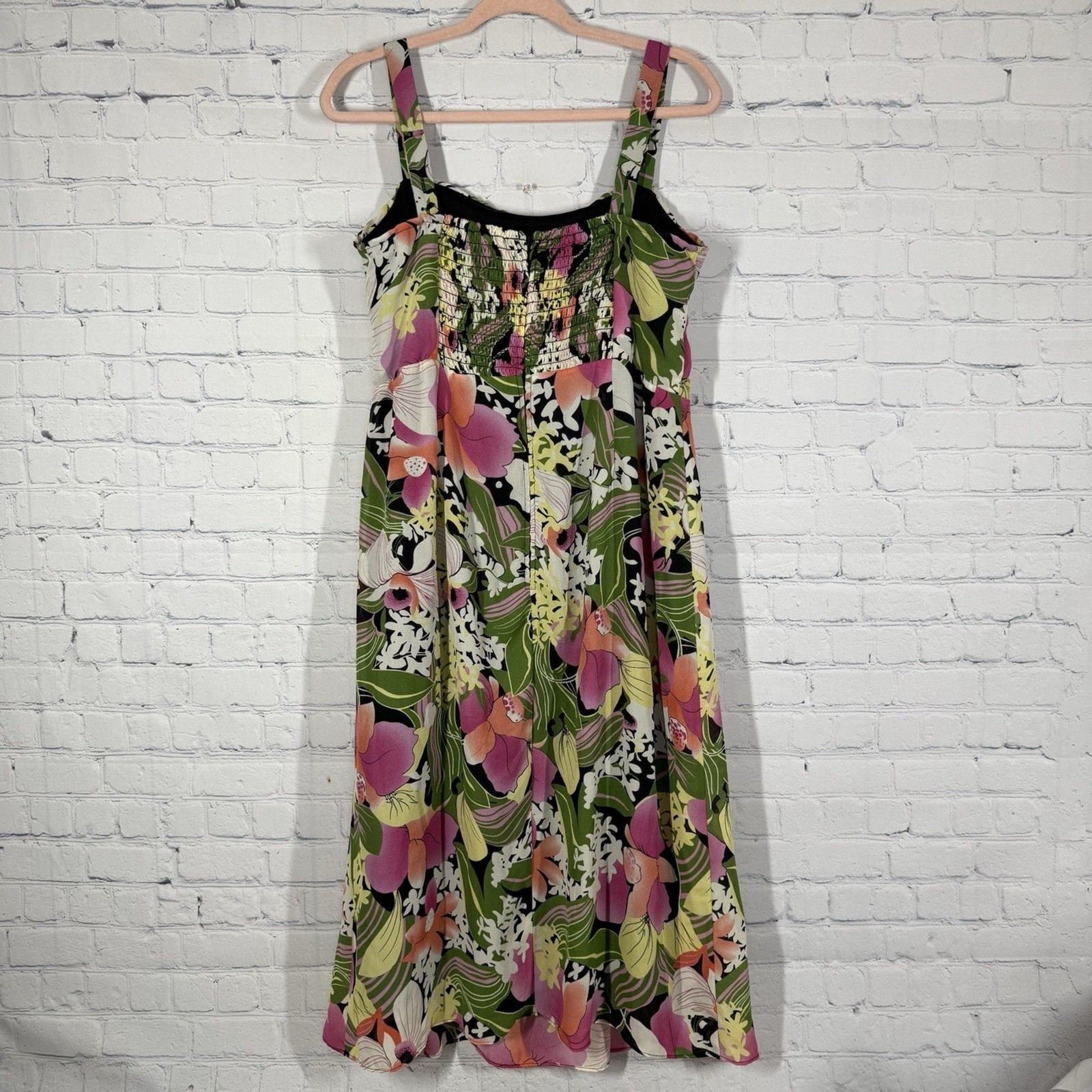 Tropical Floral Sundress Large Midi Dress Sleeveless A-Line Resort Vacation