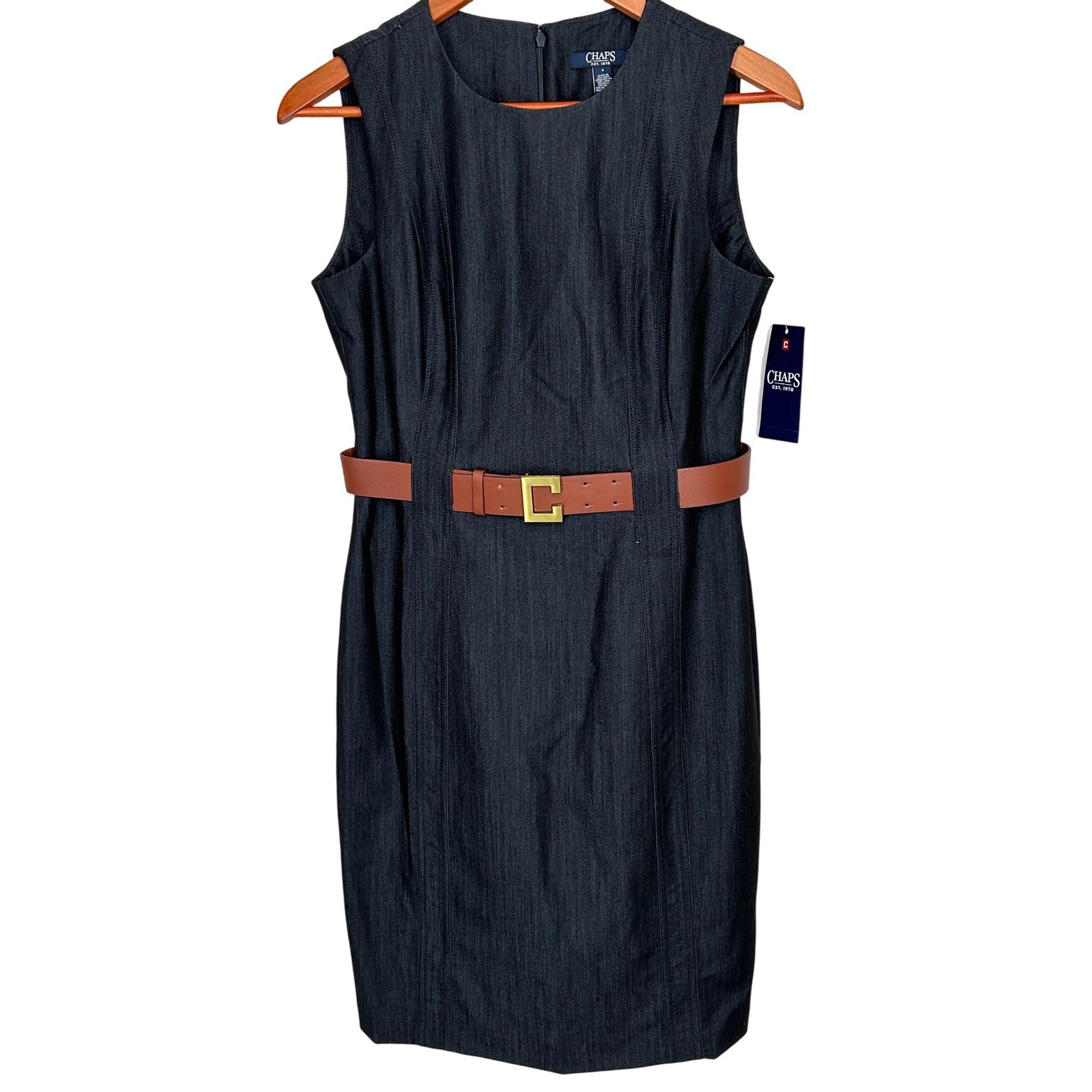 Chaps Navy Blue Belted Sleeveless Dress Zip/Hook Women’s Size 6 NWT MSRP $79.00