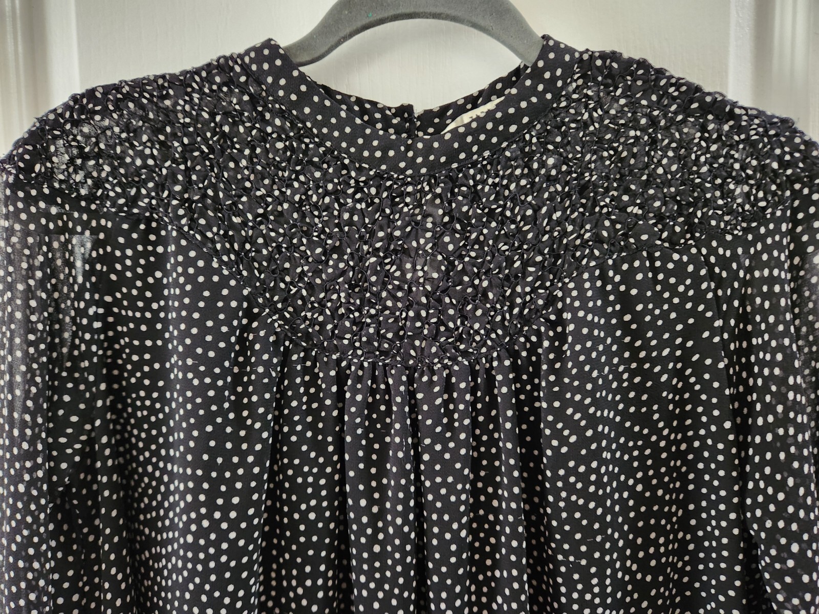 ZARA Collection Smocked High Neck Black/Ivory Polka Dot Dress Long Sleeve Size S