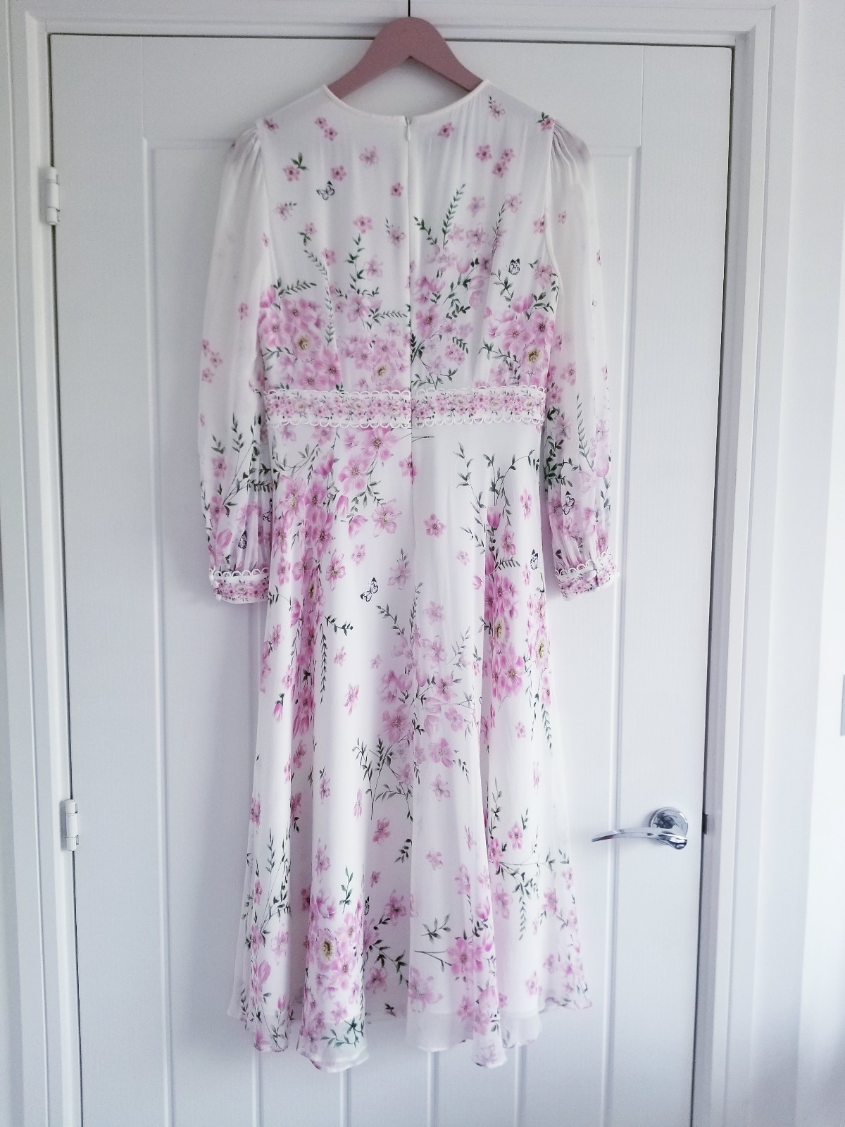 Hobbs Skye Floral Print Pure Silk Midi Dress Ivory Pink Size UK 10 Petite (8-10)