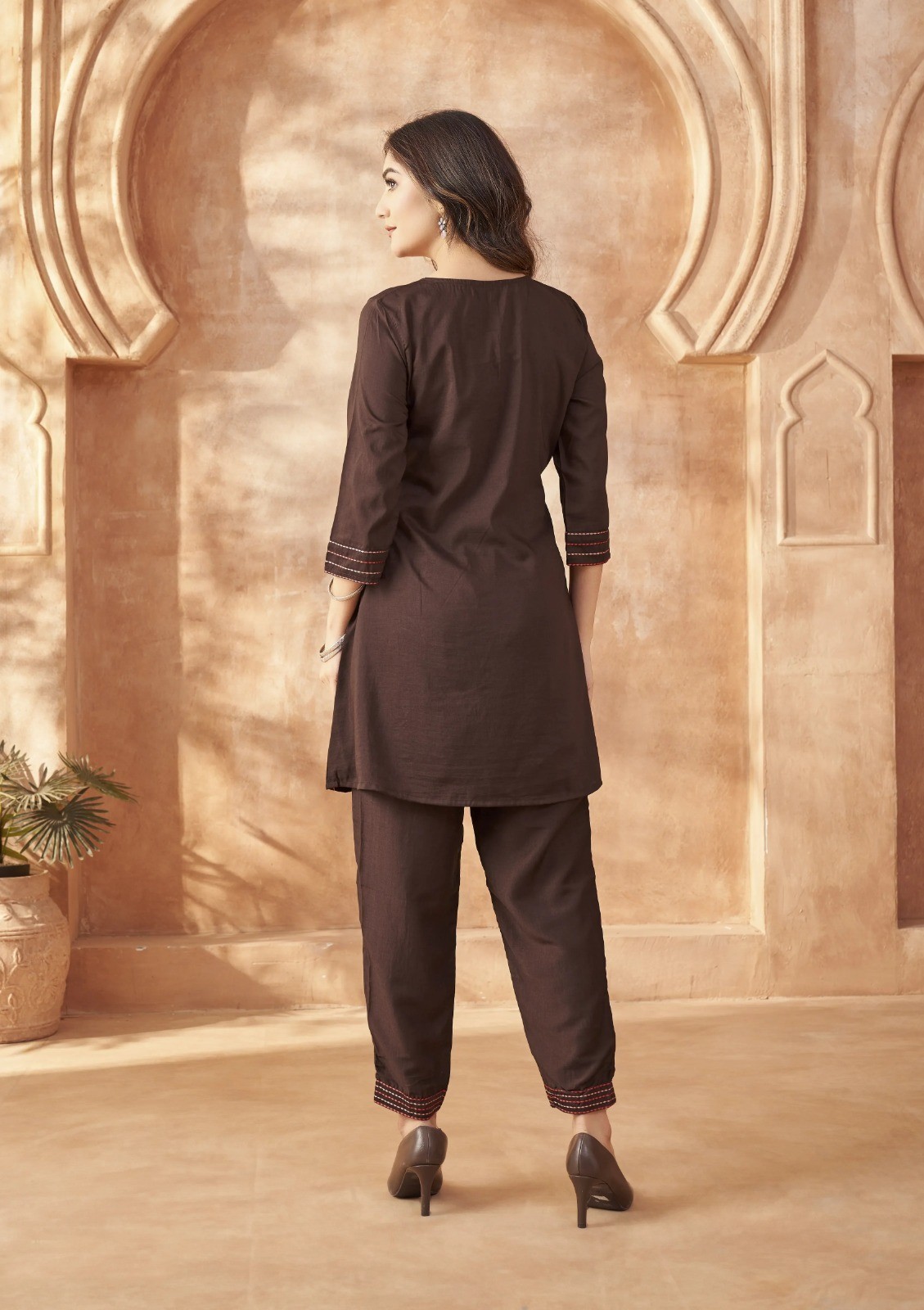 Women Brown Cotton Flex Co-Ord Set Embroidered Wark Kurti Pant Set Ethnic Wear