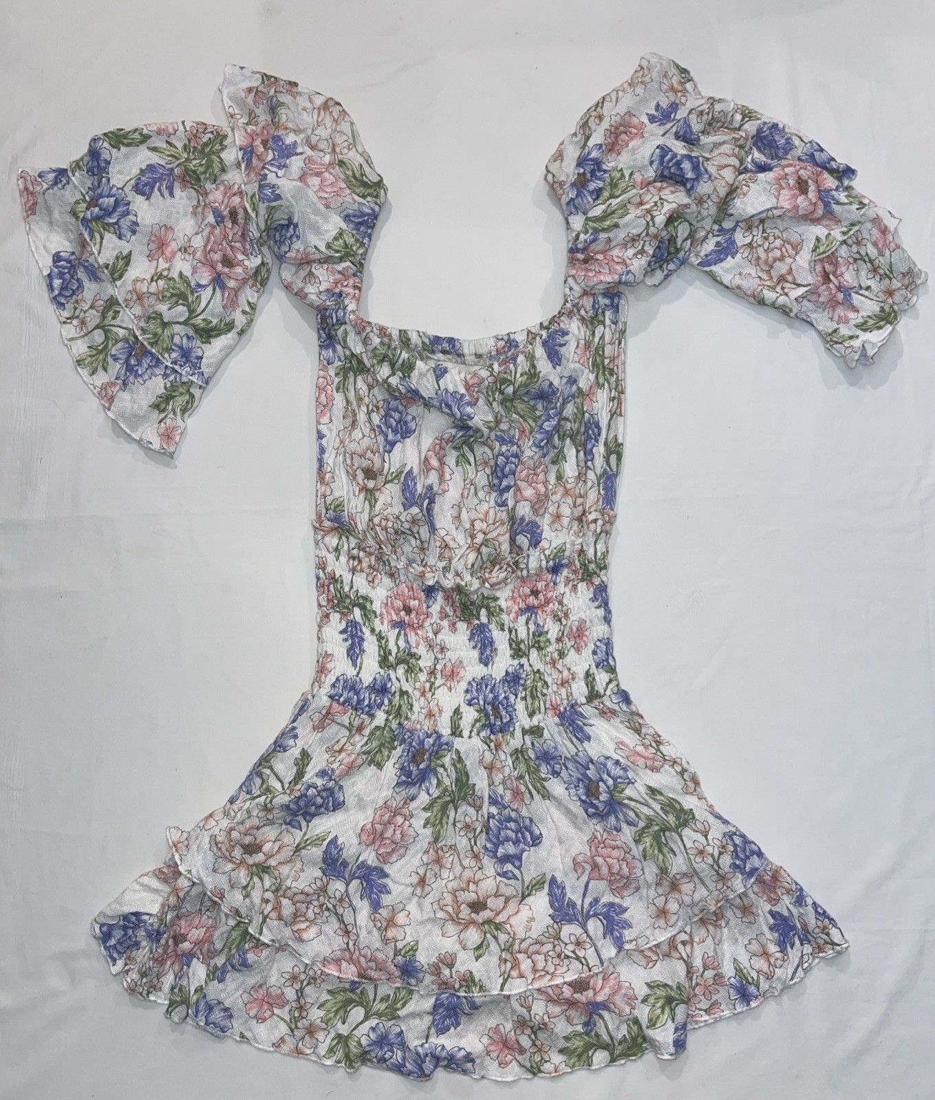 Vintage Havana Floral Puff Sleeve Off Shoulder Short Dress Large Pink Blue Multi