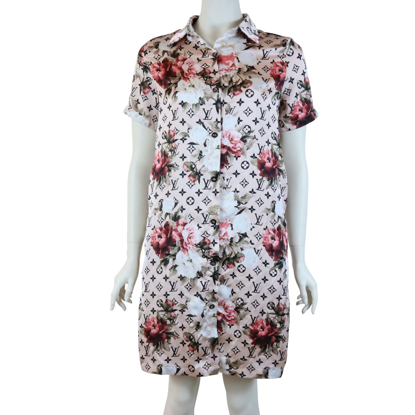 Louis Vuitton Pink Floral Monogram Shift Shirt Dress Button Up Women’s 42 US 10