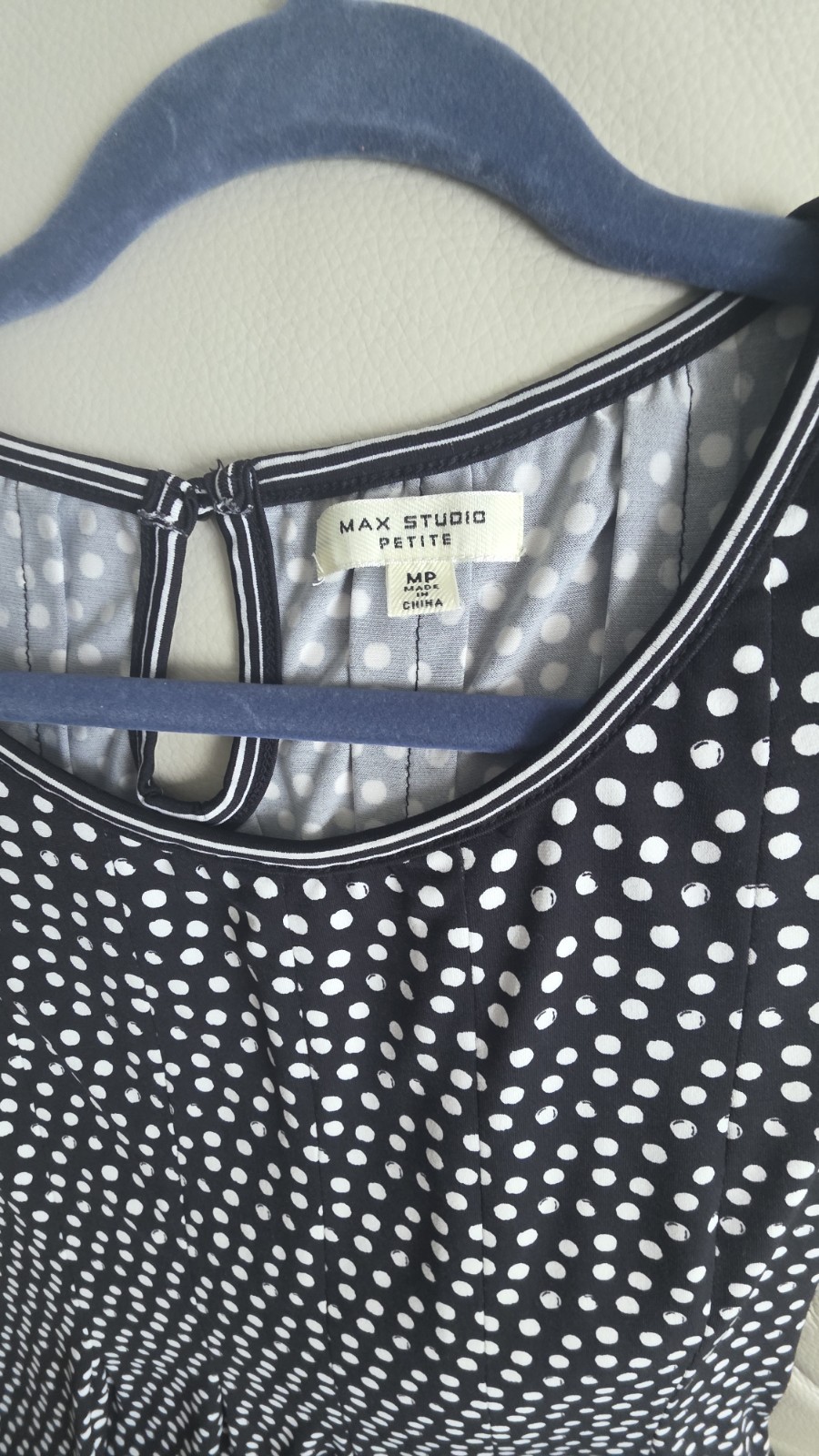 Max Studio Petite sleeveless stretch polka dot A-line dress MP with stripe trim