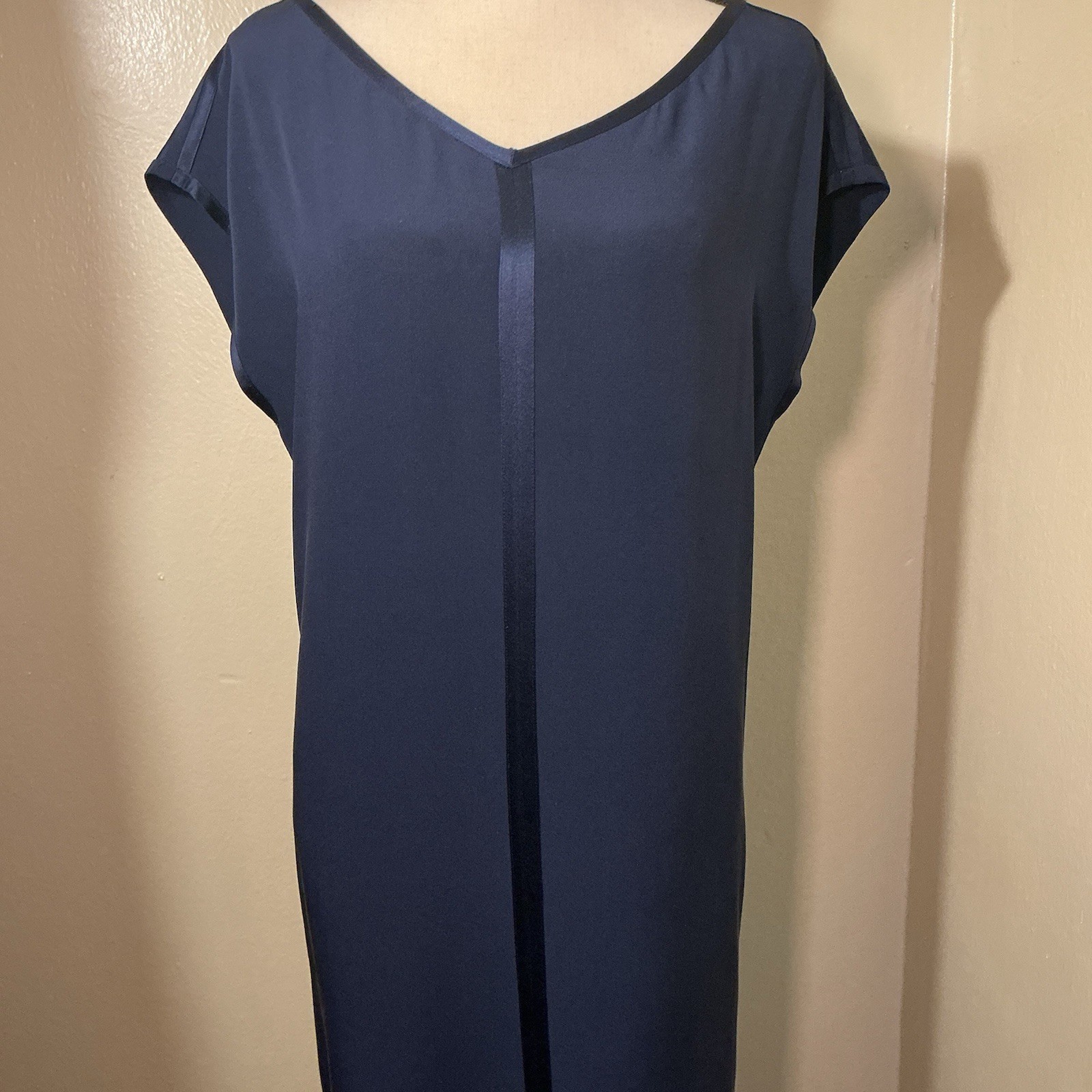 Eileen Fisher 100% Silk Shift Dress Blue Cap Sleeve Pockets Women’s Medium