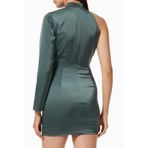 Lavish Alice High Neck One Shoulder Mini Dress Women 8 Deep Pine Green Satin