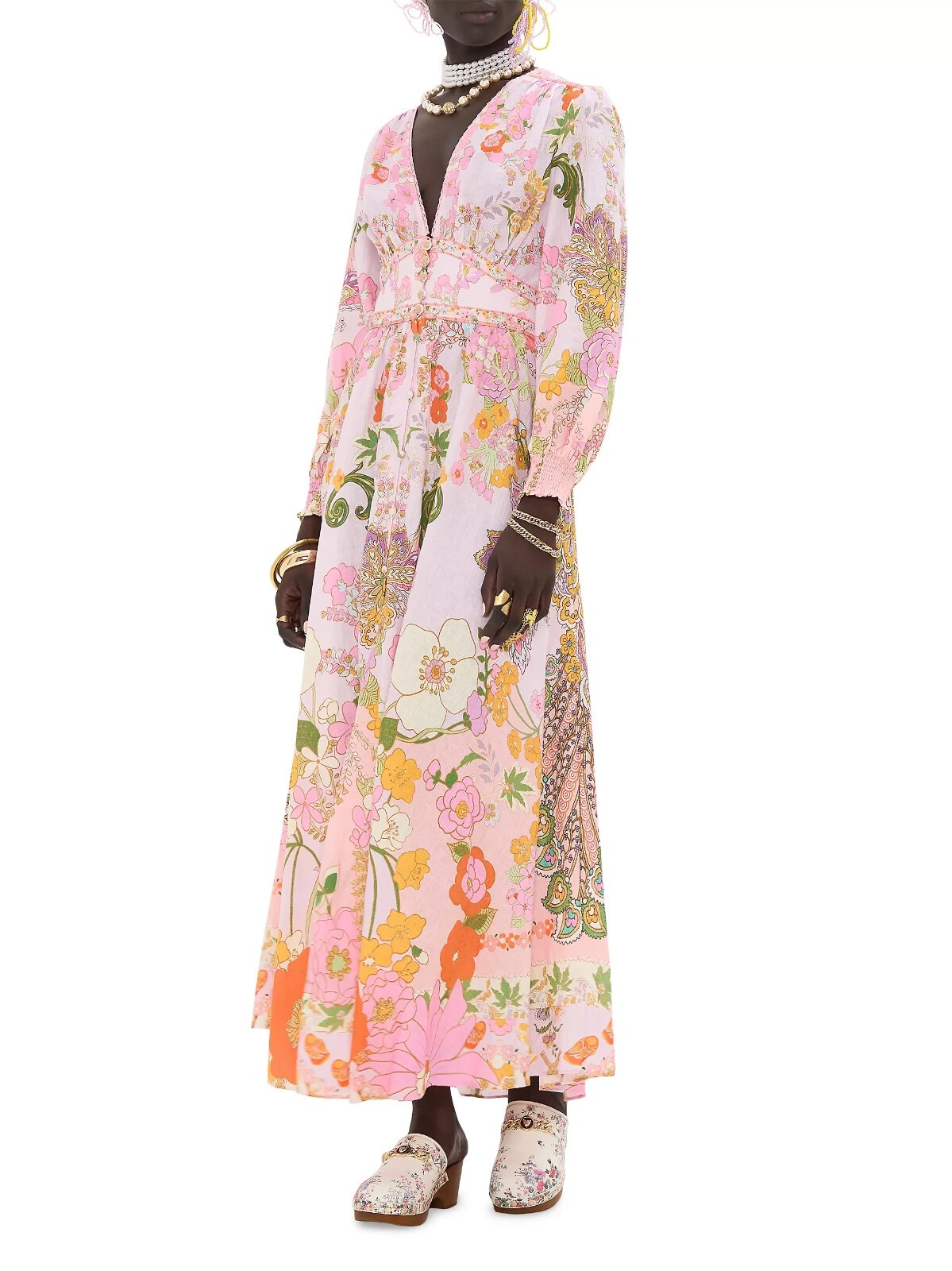 CAMILLA “Clever Clogs” Linen V-Neck Empire Waist Floral Smocked Maxi Dress, M