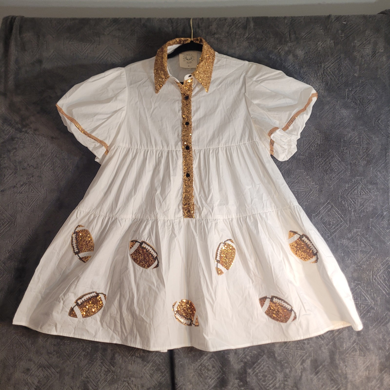 Fantastic Fawn Touchdown Chic Football Dress White Gold Puff Sleeve Womens MED