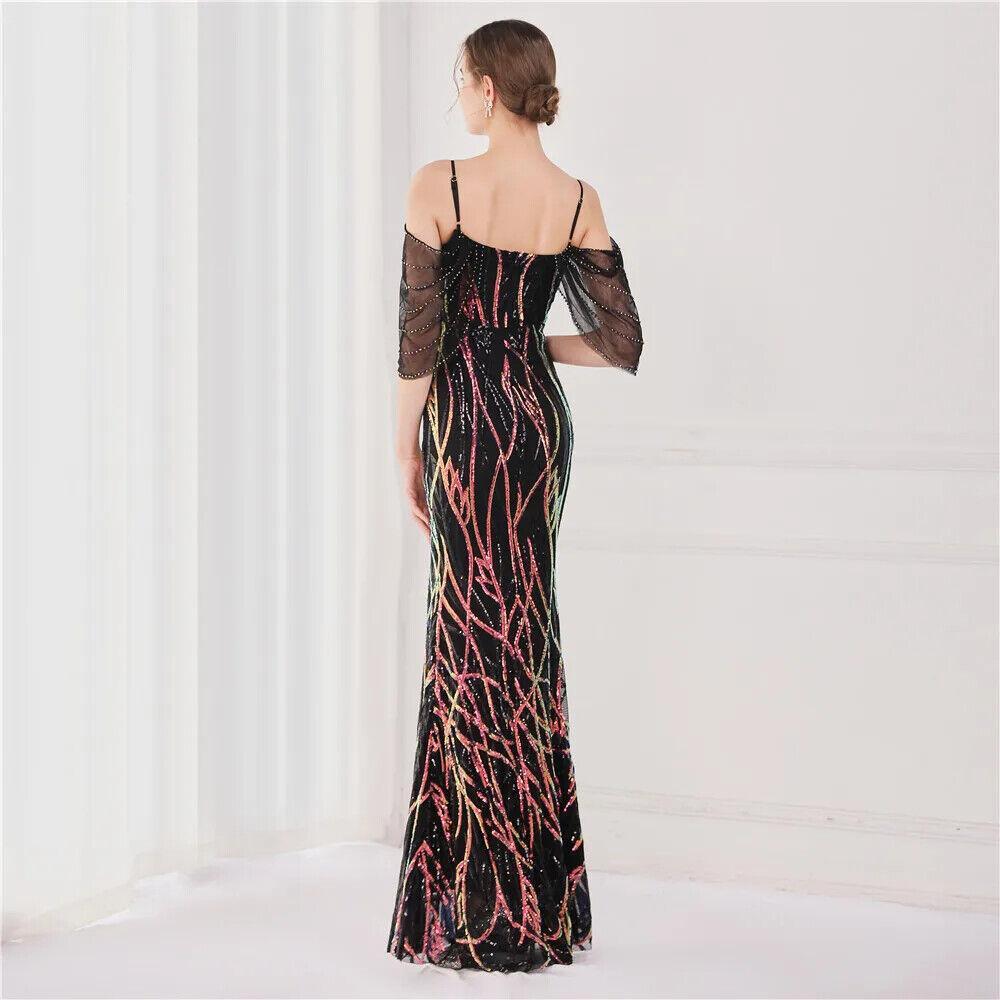 Women Performance Mesh Green Elegant Beading Evening Sequin Maxi Long Prom Dress