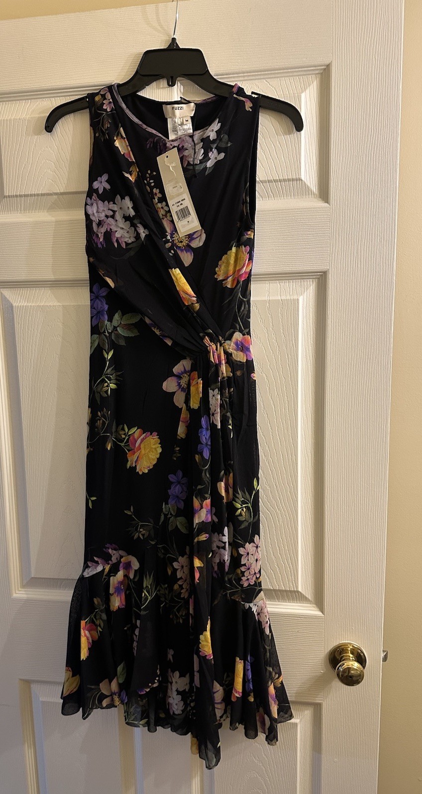 NWT Fuzzi Italy Black Floral Side Rouched Waist Ruffle Mesh Dress Medium