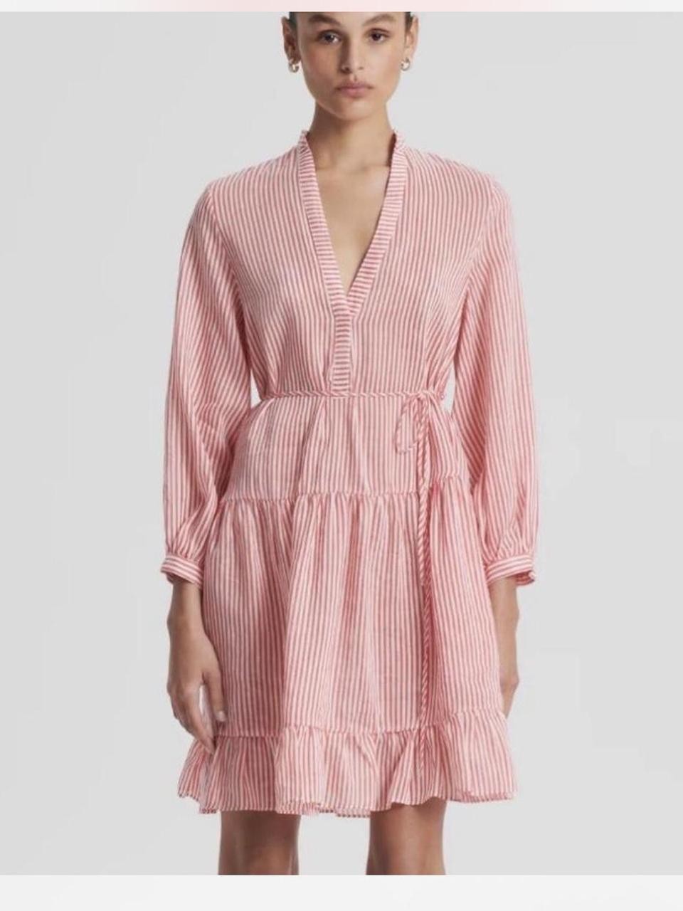 Scanlan Theodore Linen Silk Stripe Dress Size 8 Coral Pink V Neck Designer Mini