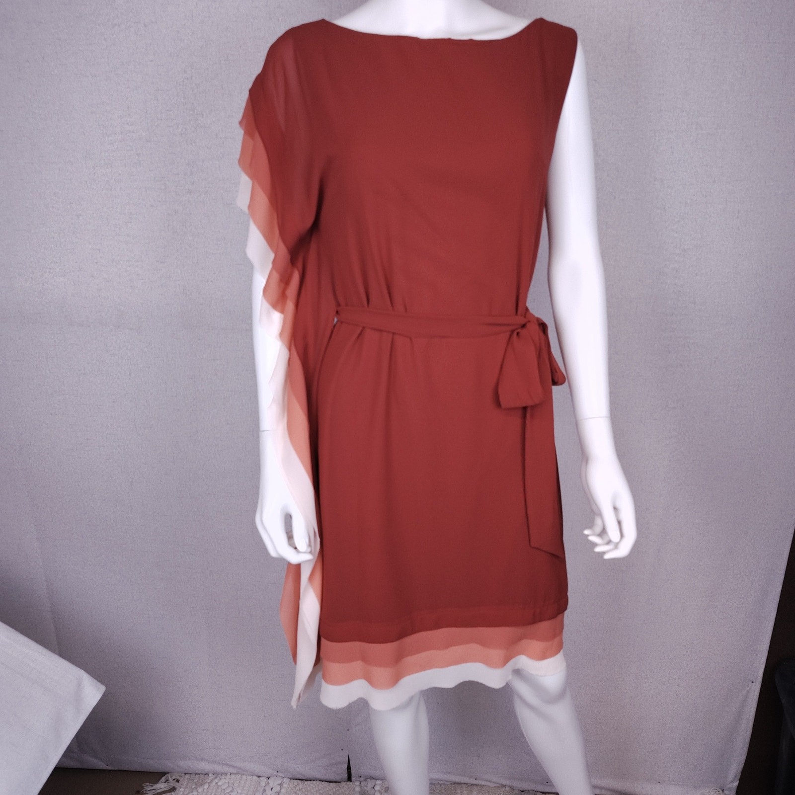 Vince Camuto Asymmetrical Chiffon Dress Size 12 Rust Terracotta Flutter Sleeve