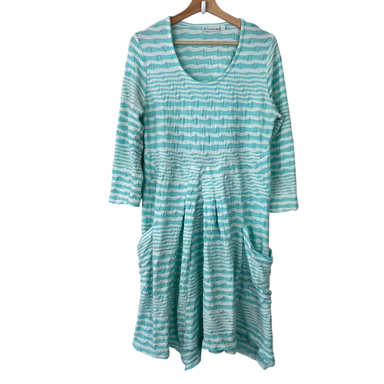 Lulu-B Women’s Sz Large Turquoise and White Stripe Dress 3/4 Sleeve Scoop Neck