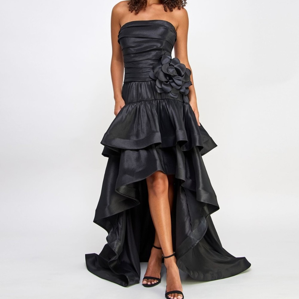 Black Ruched Strapless Satin Evening Dresses 3D Flower High Low Skirt Prom Gowns