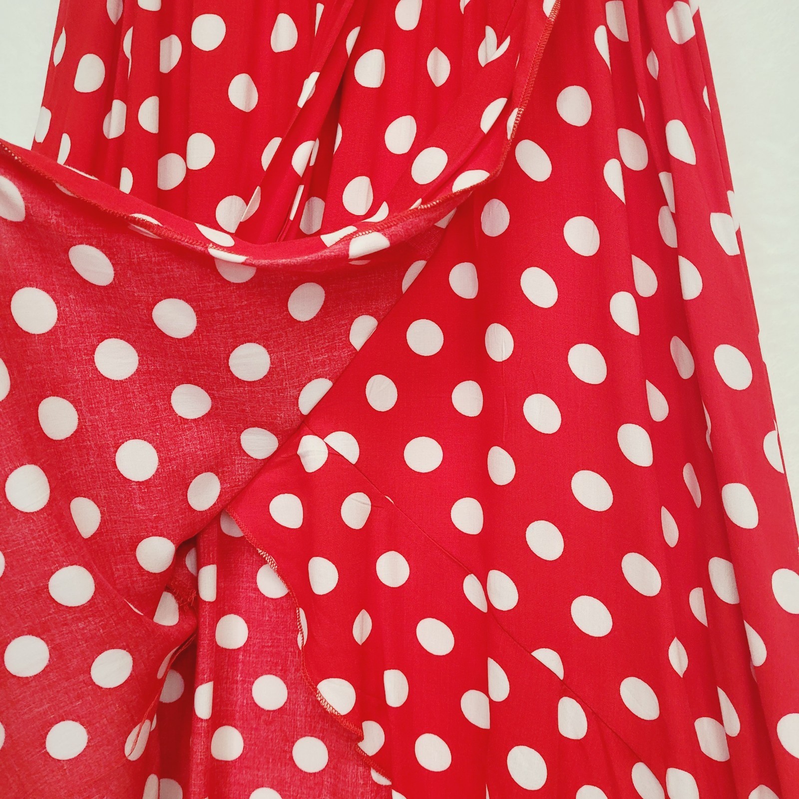 Red Polka Dot Faux Wrap Surplice Maxi Dress M Hi Low Ruffle Romantic Retro Femme