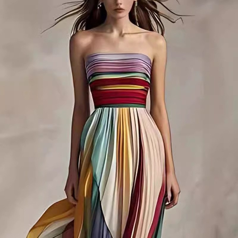 Women’s Strapless Tube Top Printed Maxi Dress Summer Beach Party Long Dress
