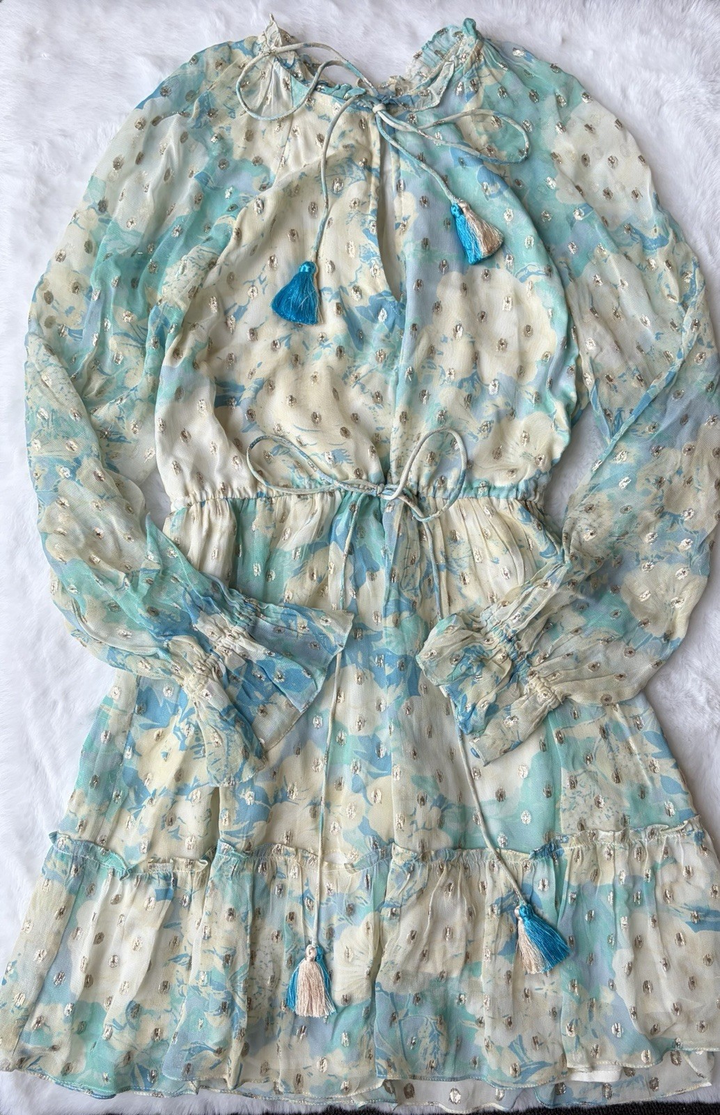 Hemant & Nandita Revolve Blue Floral Georgette Metallic Mini Dress