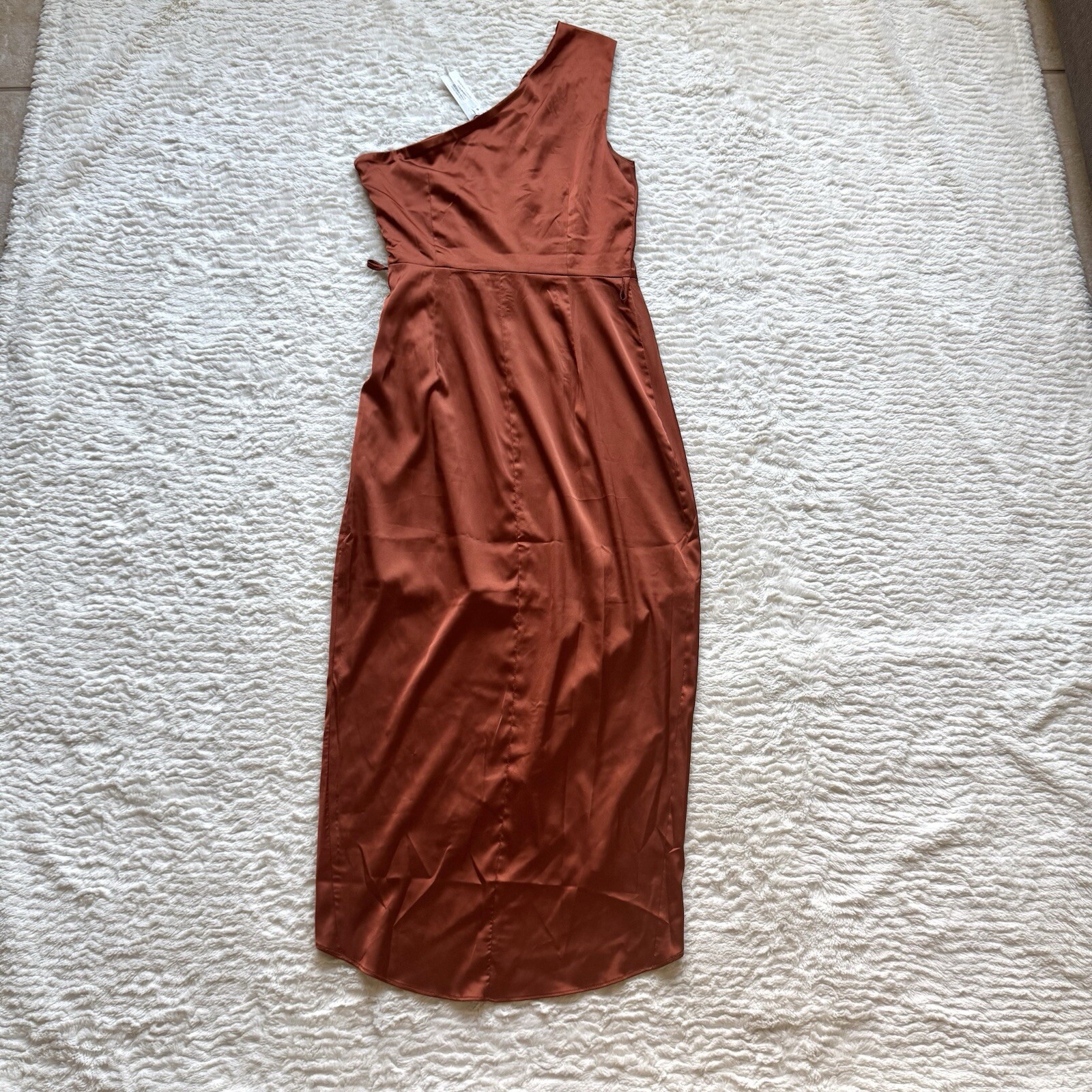 Baltic Born Celia Satin One Shoulder Midi Dress S Rust Pleated Belted NWT Silky