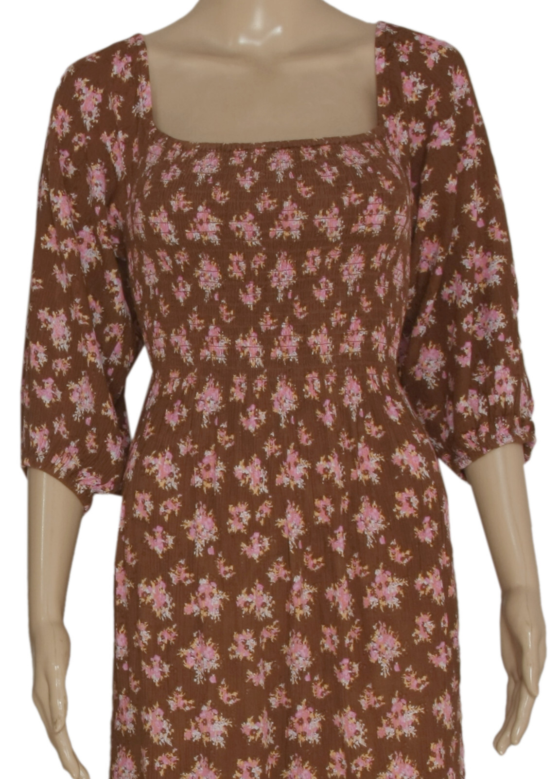 UO Lottie Chocolate Floral Tie-Back Midi Dress Printed Smocked Puff Sleeve S NEW