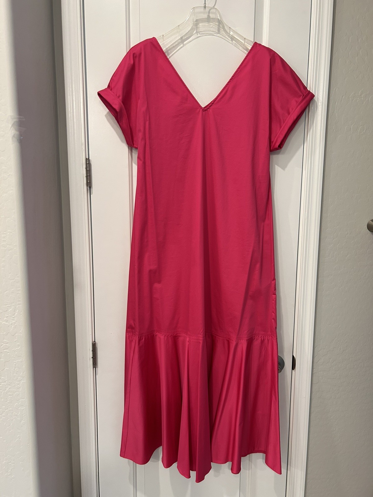 Antonio Melani Size 10 V-Neck Ruffle Botton Short Sleeve Maxi Dress Hot Pink