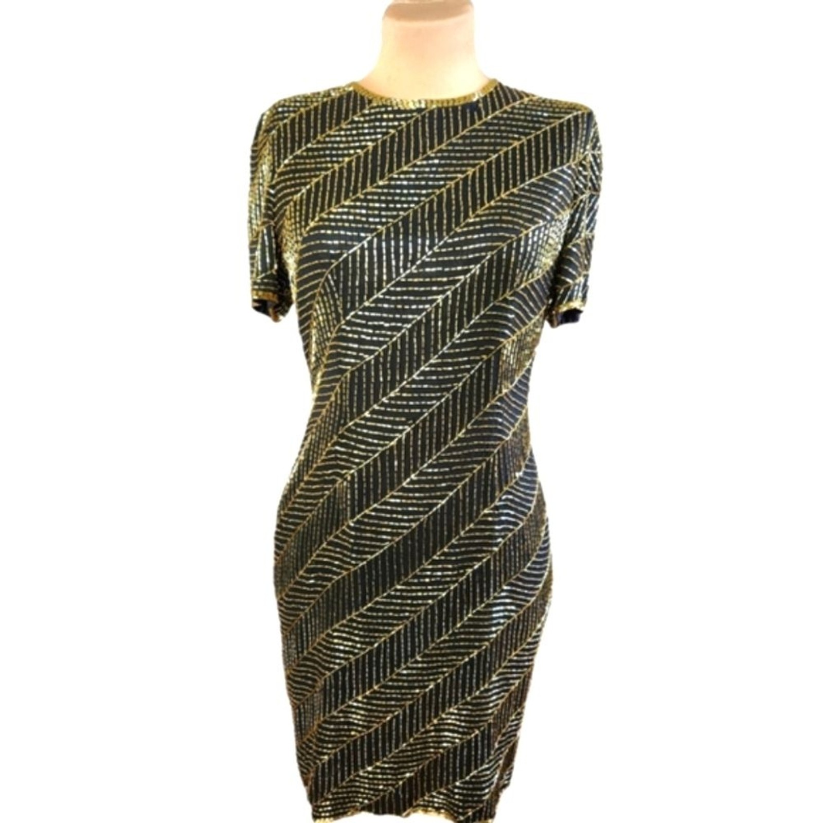A.J. BARI Vintage 1980s Silk Beaded Sheath Dress – Size 10