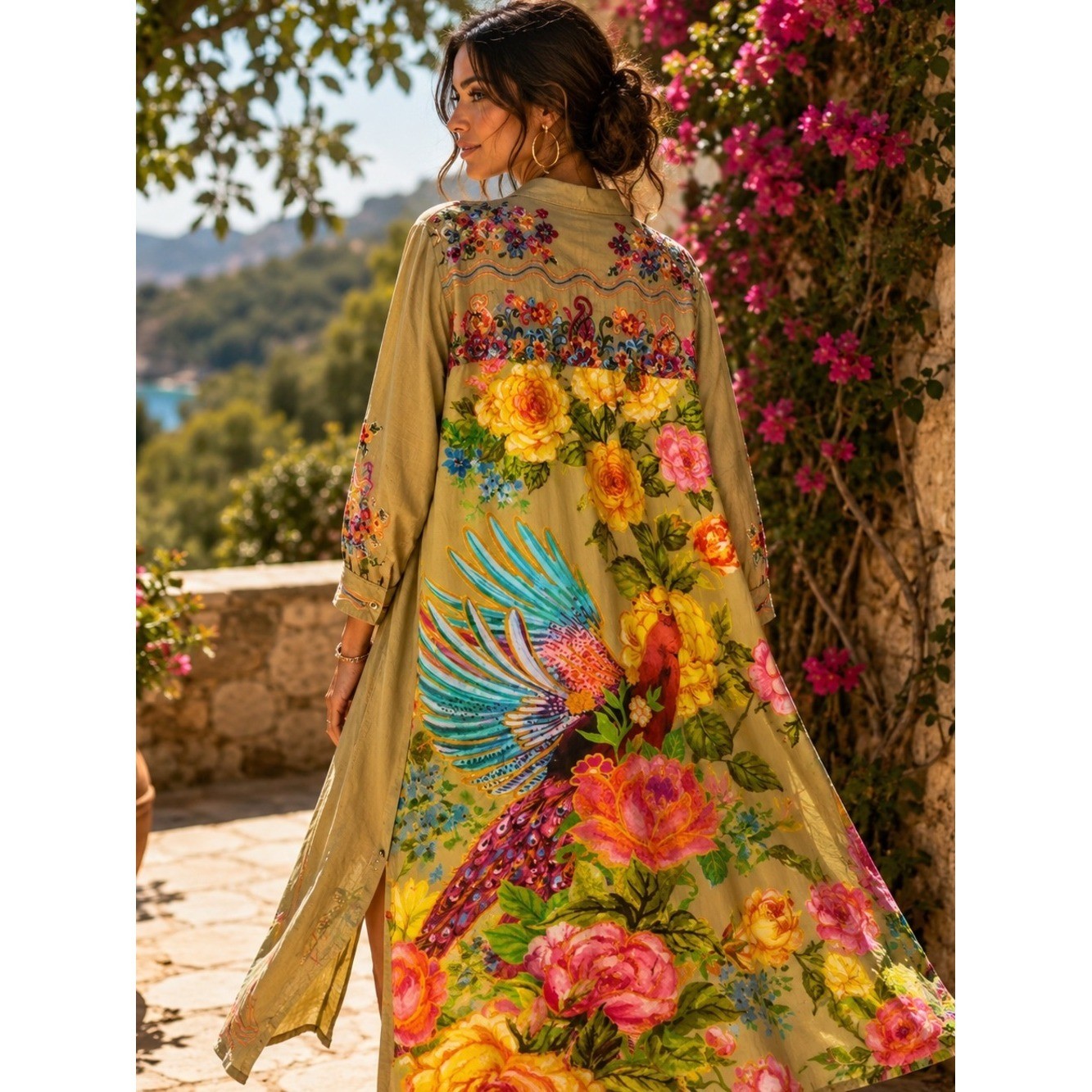 Aratta Boho Embroidered Khaki Duster / Maxi Dress Peacock Floral Festival JW