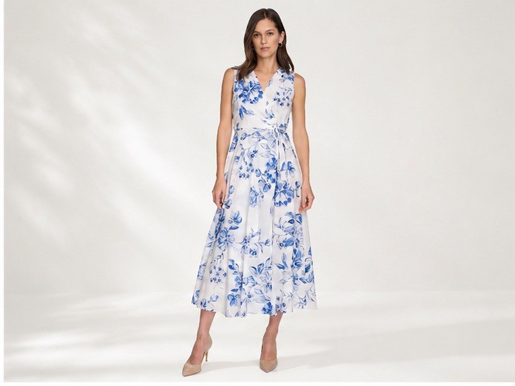Calvin Klein – Floral Blue and White Wrap Midi Dress Size 4 – New With Tags