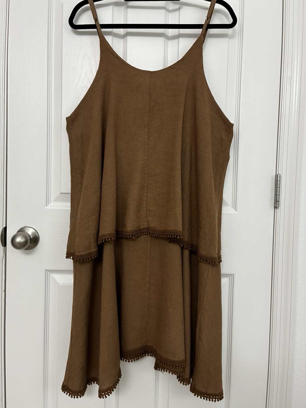 Cristina Vergano Brown Linen Blend Slip Dress L Scoop Neck Knee Pom-Pom