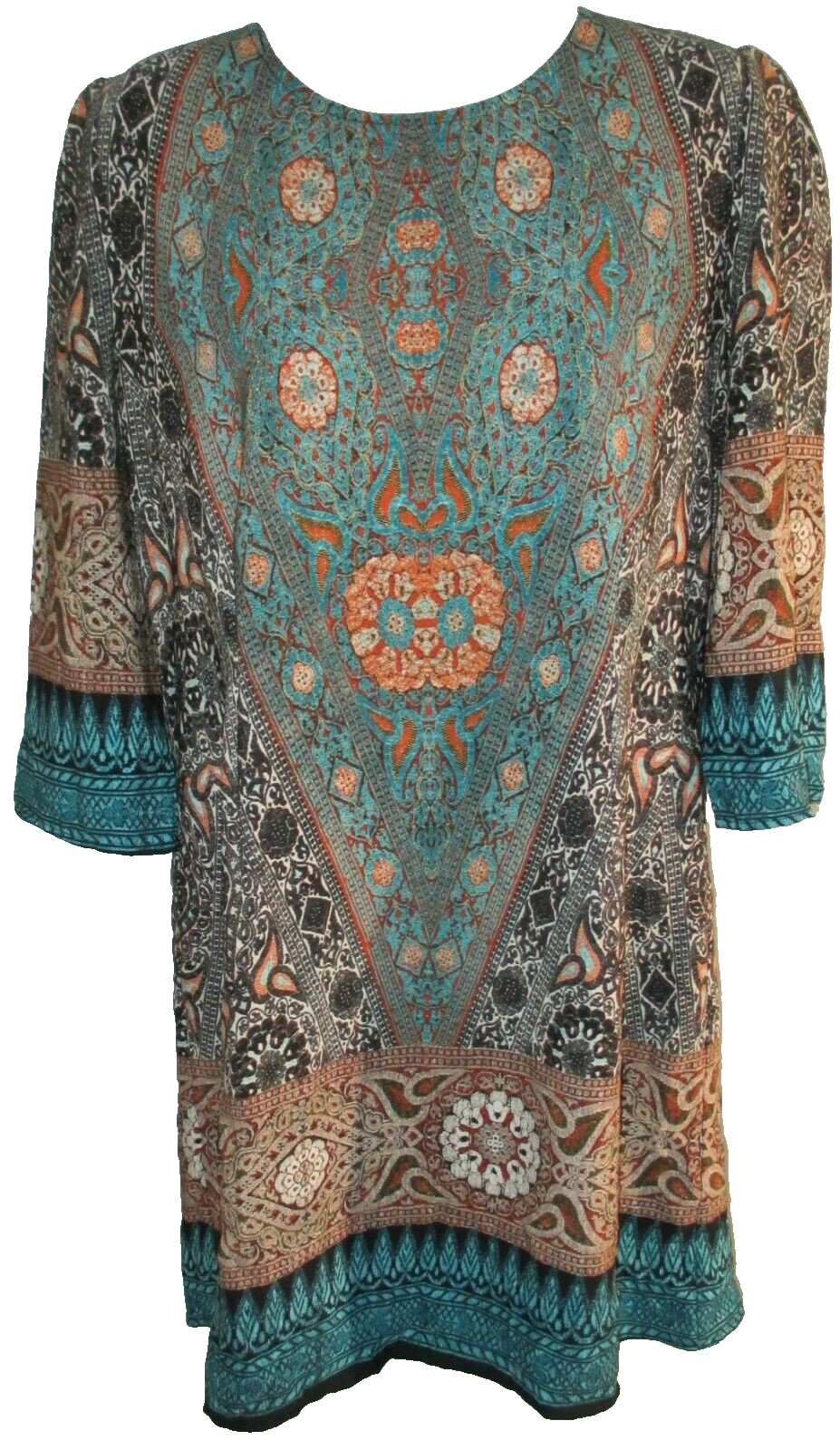 BOW & ARROW Dress Size L Multi-color Paisley Border Print Scoop Neck 3/4 Sleeves