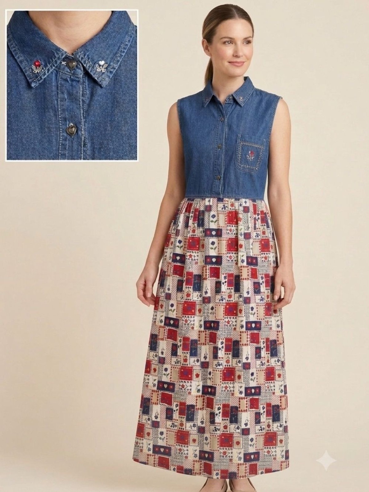 Vintage Bobbie Brooks Denim Vest Dress Red White & Blue Patchwork Size Large