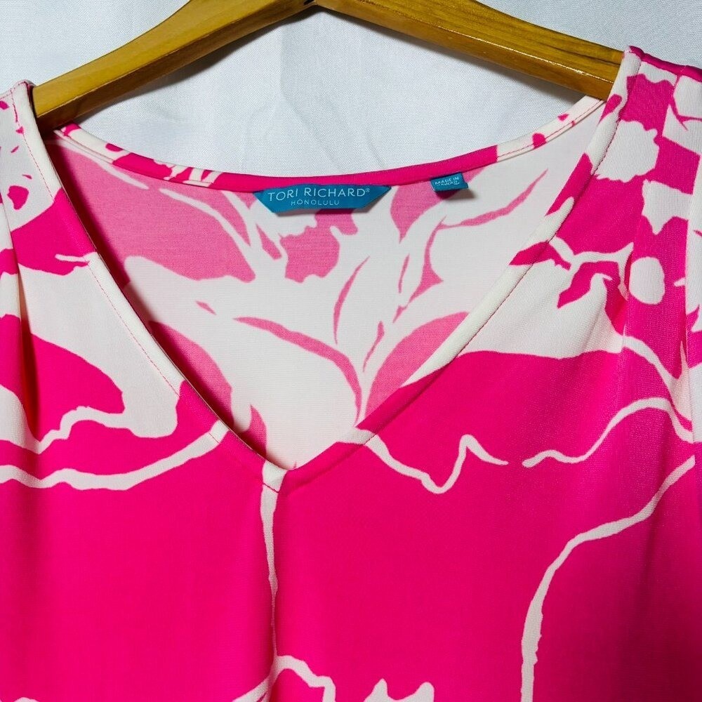 Tori Richard Honolulu Pink Tropical Floral Drawstring Dress XS Resort V-Neck
