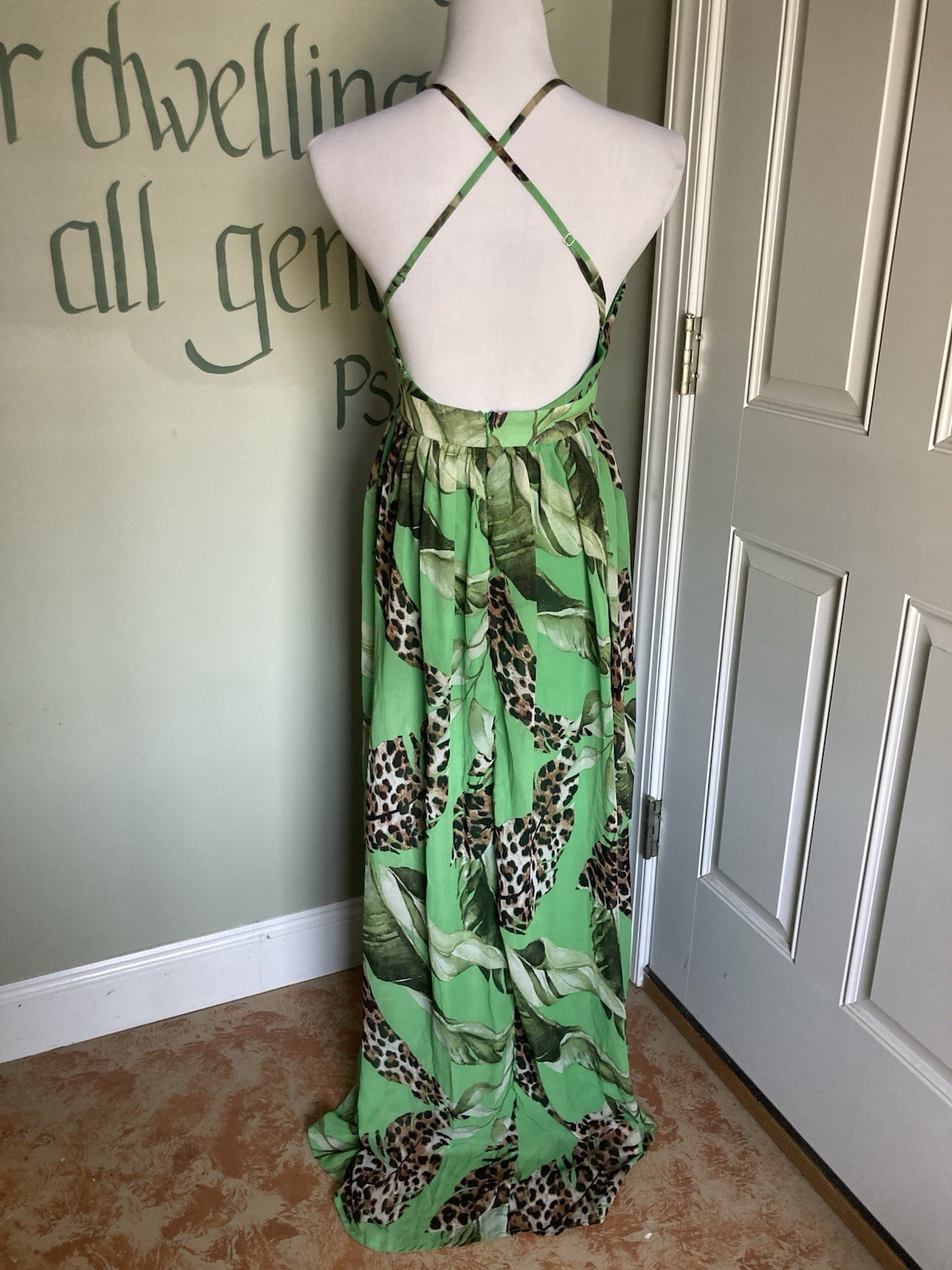 S Strappy Halter Green Leaf Long Maxi Sun Dress Knee-slit Versatile V-neck Lined