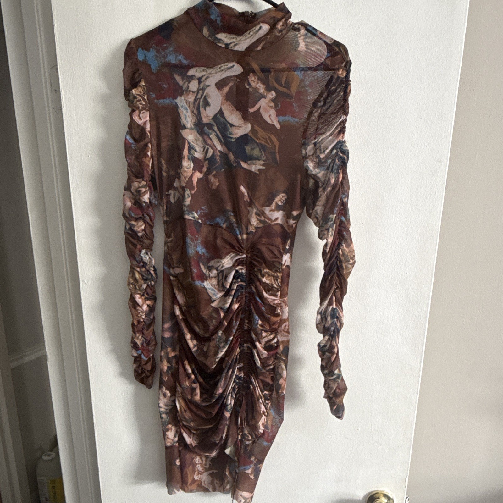 Women’s Brown Floral Mesh Sheer Ruched Mock Neck Mini Bodycon Dress Size S